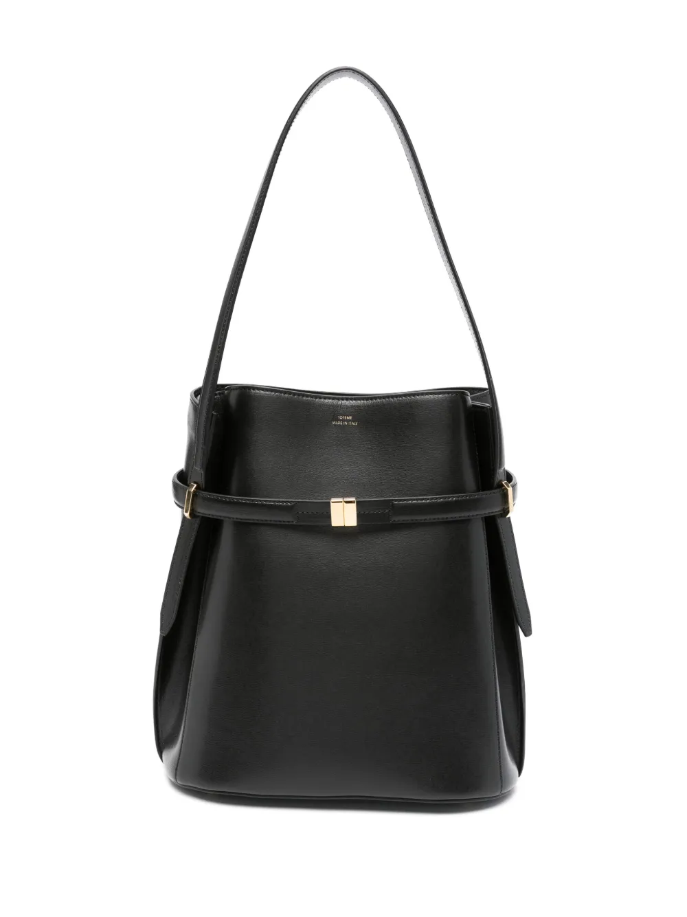 Belted leather bucket bag
